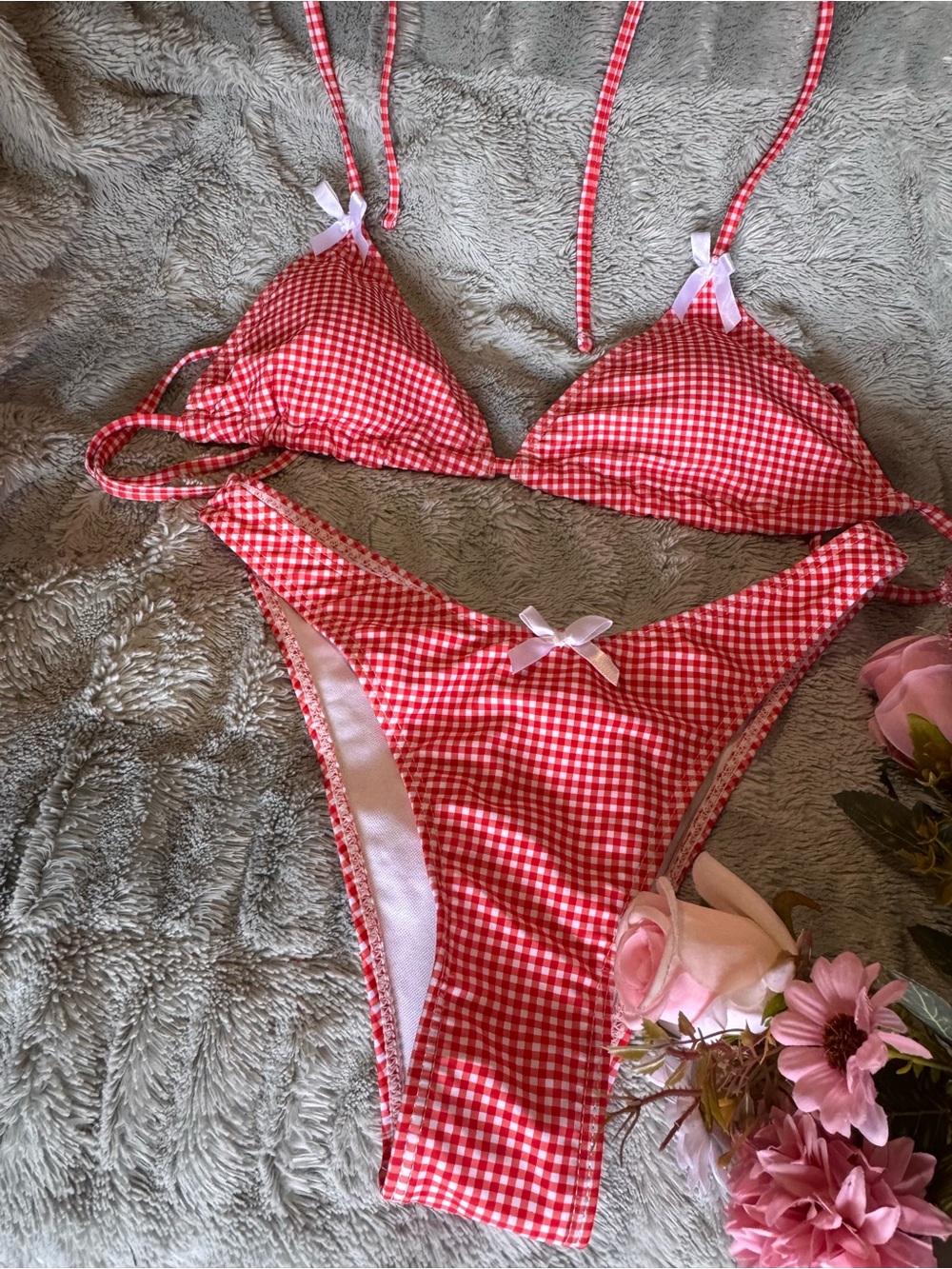 No Boundaries Red Gingham Triangle Bikini Set
